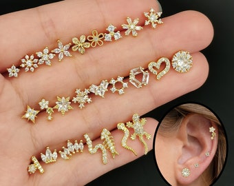 CZ Stud Earrings, 20G Dainty Helix Earrings Cartilage Studs Tragus Piercing Stud Earrings, Tiny Gold/Silver Stud Earrings Screw Back