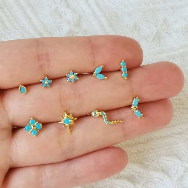 Puces d'oreilles turquoises, puces d'oreilles hélice Dainty 20G, puces d'oreilles de cartilage piercing tragus, puces d'oreilles bleues minuscules