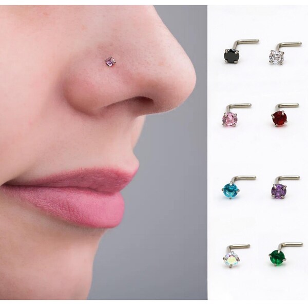 3mm CZ Nose Studs, 20G Nose Piercing Tiny Diamond Prong Set Nose Ring L-Shape Nose Rings Colorful Titanium Steel Minimalist Jewelry