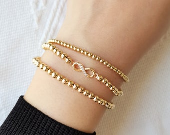 Infinity Bracelet 4mm Gold Beaded Bracelet, Infinity Jewelry, Stretch Bracelets, Dainty Minimalist Stretch Stackable Bracelets Gift for Her