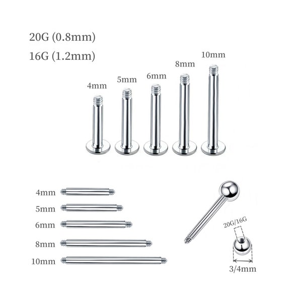 16G/20G Threaded Labret Pin/Ball Back Post 316L Stainless Steel Flat Back Replacement Piercing Part for Lip, Cartilage, Helix, Conch, Tragus