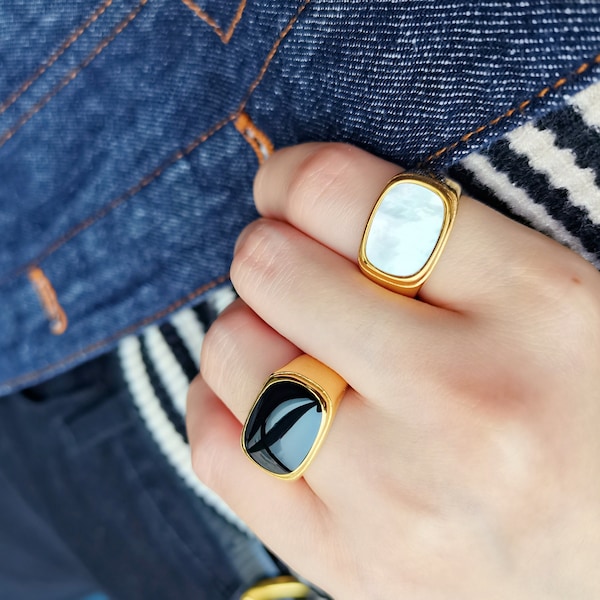 Mother-of-Pearl Ring, Chunky Gold Signet Ring, Wide Band Ring, Square White Mop Shell Ring, Stacking Rings, Statement Ring