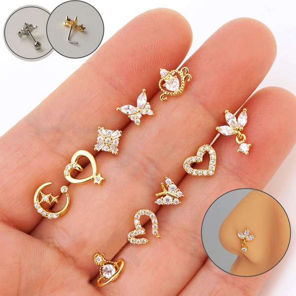 CZ Nose Studs, 20G Statement Nose Stud(Piercing Required) Big Nose Stud, L-Shaped Nose Studs, Custom Nose Piercing, Gold/Silver Nose Jewelry