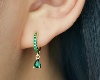 Diamond Hoop Earrings,  Gold/Silver Huggie Hoops Tiny Teardrop Earrings Second Hole Earrings Minimalist Dangle Drop Earrings Green Turquoise