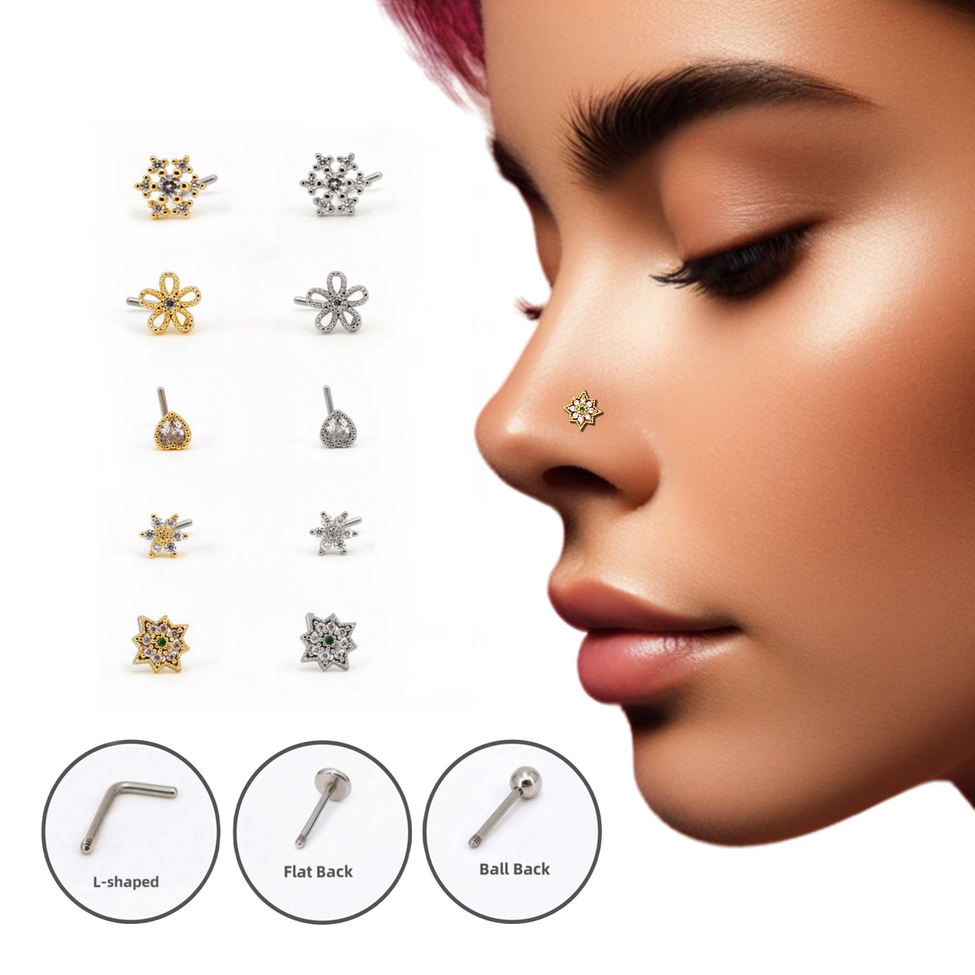 20G Surgical Steel Nose Stud “L” Shaped with Bezel-Set CZ - Silver Safari  Spokane Valley Mall