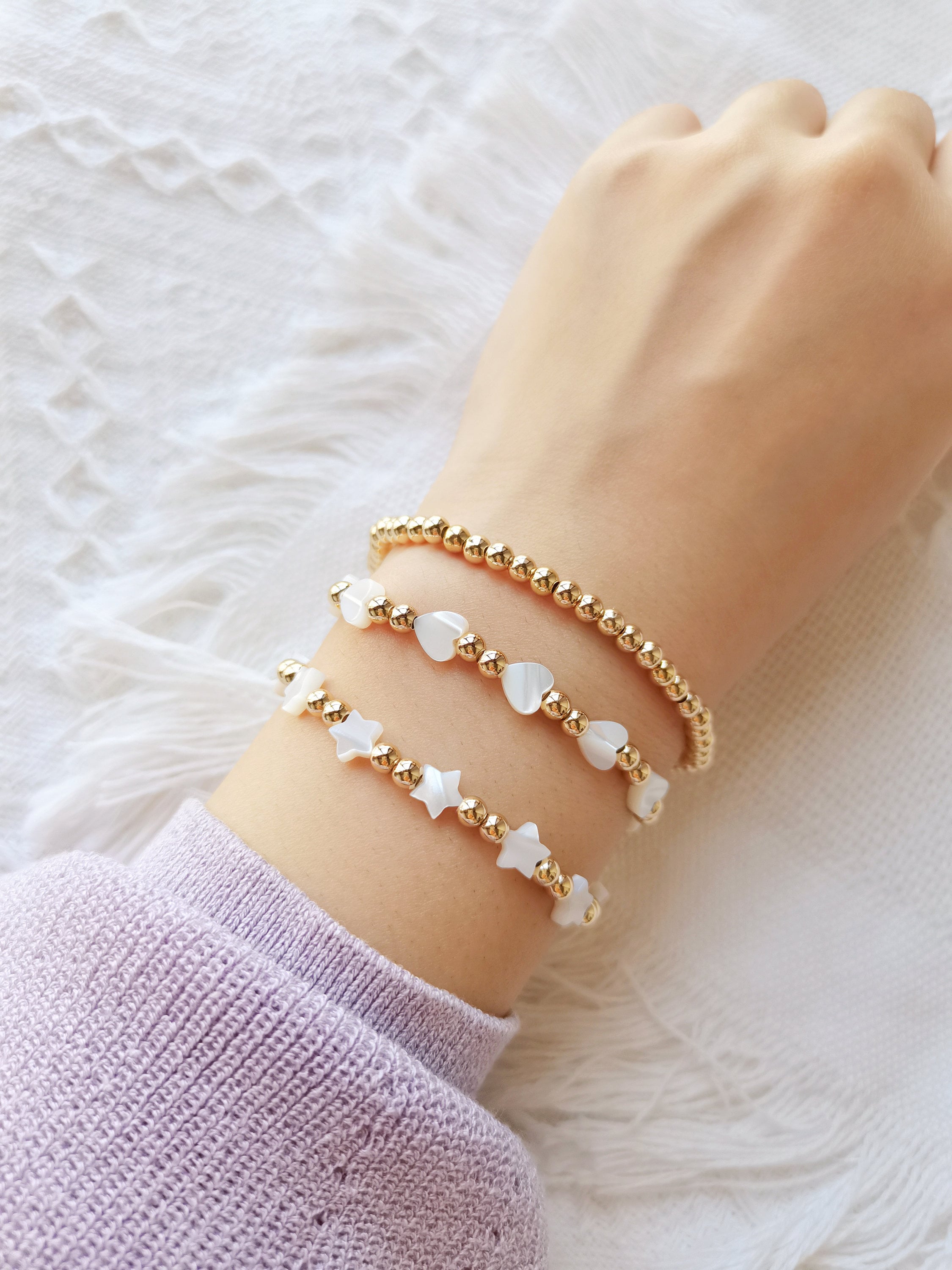 Star/heart Bracelet, Mother of Pearl Bracelets White Mop&14k Gold Plated  Bead Bracelet for Women, Stacking Bracelet Jewelry for Bridesmaid - Etsy