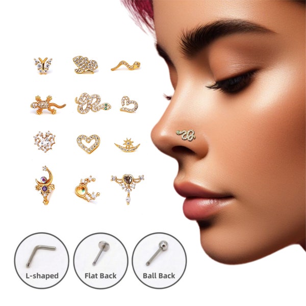 CZ Nose Studs, 20G Statement Nose Stud(Piercing Required) Big Nose Stud, L-Shaped Nose Studs, Custom Nose Piercing, Gold/Silver Nose Jewelry
