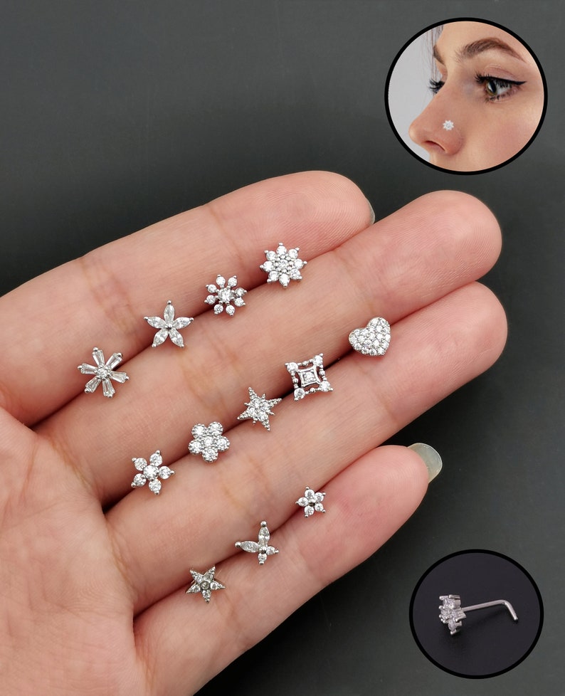 CZ Nose Studs, 20G Statement Nose StudPiercing RequiredBig Nose Stud, L-Shaped Nose Studs, Custom Nose Piercing, Gold/Silver Nose Jewelry 画像 3