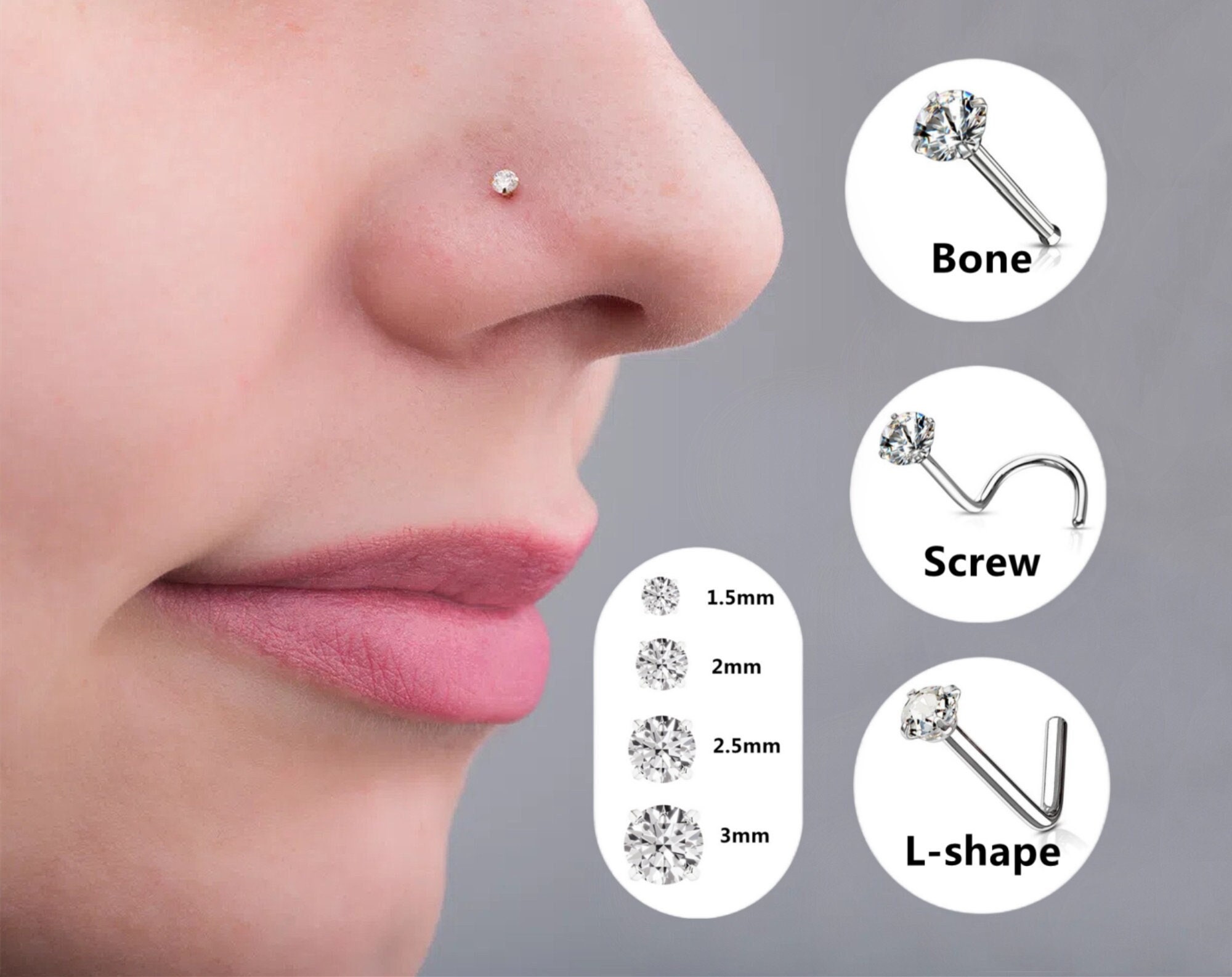 20G Surgical Steel Nose Stud “L” Shaped with Bezel-Set CZ - Silver Safari  Spokane Valley Mall