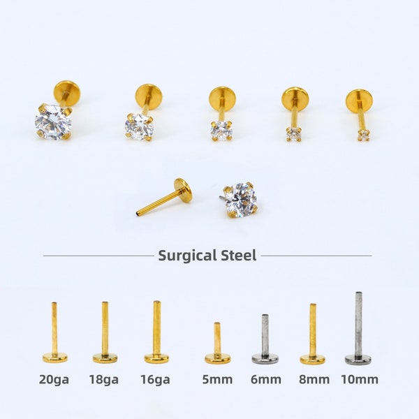 2/3/4/5mm Tiny CZ Push Pin Labret,20/18/16ga Surgical Steel Threadless Flat Back Earring Nose Studs, Tragus/Helix/Cartilage Piercing Studs