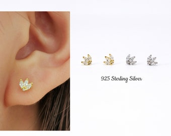 Tiny Lotus Stud Earrings, CZ Marquise Lotus Earring, Gold Filled Diamond Lotus Flower Studs, Cartilage Conch Tragus Piercing Earrings Mini