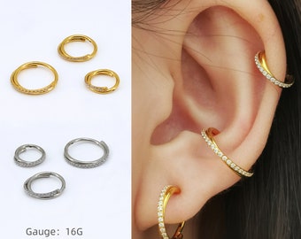Boucles d'oreilles créoles 16G CZ, Piercing d'oreille pour Cartilage/Helix/Tragus/Conque, Clicker à charnière sans couture en acier chirurgical 316L