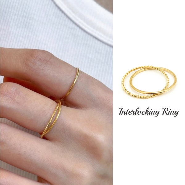 Gold gedrehter Ring, zierliche Stapelringe, dünnes Seil Infinity Band, ineinandergreifende Ringe, Midi Ring, Rollringe, stapelbare minimalistische Ringe