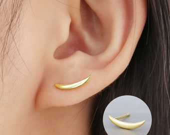 Moon Earrings, 925 Sterling Silver Moon Crescent Studs, Gold/Silver Moon Stud Earrings with Butterfly Back