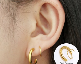 Faux Double Hoop Earrings, Single Pierced Double Hoops Spiral Earrings, Gold/Silver/Rose Gold CZ Hoops,Dainty Huggies Titanium Spiral Hoops