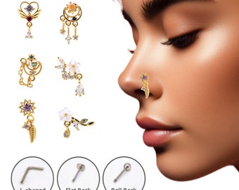 20G Nose Studs, 316L Stainless Steel Nose Piercing, L-Shape Nose Studs, CZ Nose Pin Dangle Nose Ring, Gold/Silver Dreamcatcher Nose Jewelry