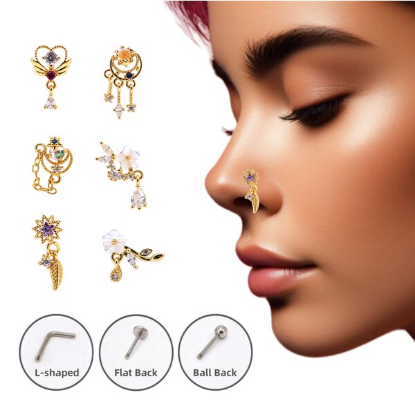 20G Nose Studs, 316L Stainless Steel Nose Piercing, L-Shape Nose Studs, CZ Nose Pin Dangle Nose Ring, Gold/Silver Dreamcatcher Nose Jewelry