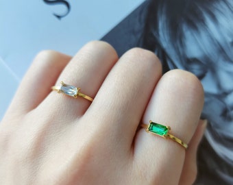 Emerald Baguette Ring, Stacking Ring, Dainty Green/White Zirconia Rings, Gold Minimalist Rings, Simple Emerald Ring, Layering Ring