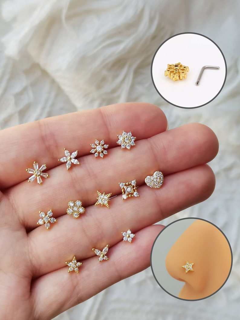 CZ Nose Studs, 20G Statement Nose StudPiercing RequiredBig Nose Stud, L-Shaped Nose Studs, Custom Nose Piercing, Gold/Silver Nose Jewelry zdjęcie 2