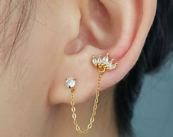 Boucles d'oreilles chaîne double piercing, Puces d'oreilles CZ pour trou double, Boucles d'oreilles piercing cartilage/hélice 20G pour deuxième trou, Boule vissée à l'arrière