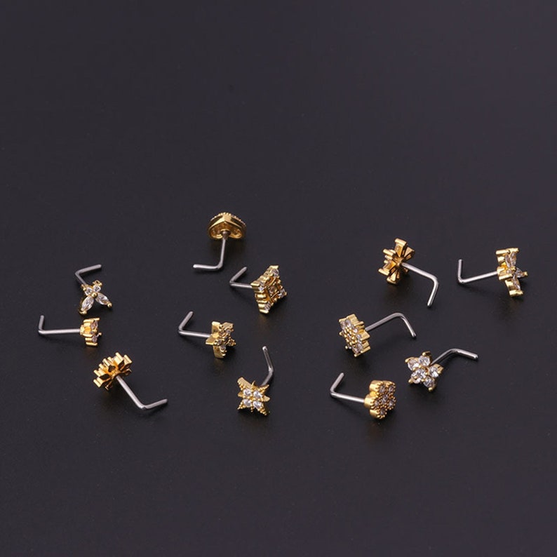 CZ Nose Studs, 20G Statement Nose StudPiercing RequiredBig Nose Stud, L-Shaped Nose Studs, Custom Nose Piercing, Gold/Silver Nose Jewelry zdjęcie 9
