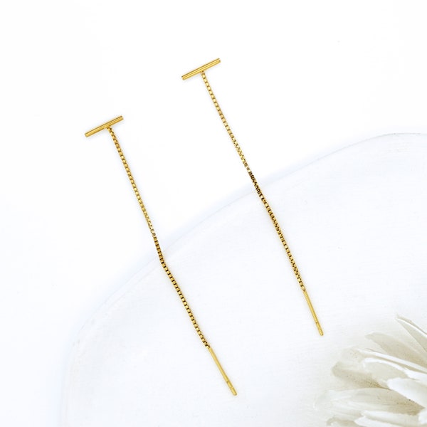 Threader Earrings, Box/Cable Chain Ear Threader for Two Holes, Gold/Silver Short Bar Chain Earrings, Minimalist Threader Earrings