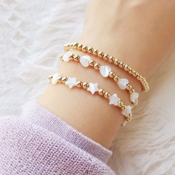 Star/heart Bracelet, Mother of Pearl Bracelets White Mop&14k Gold Plated  Bead Bracelet for Women, Stacking Bracelet Jewelry for Bridesmaid - Etsy