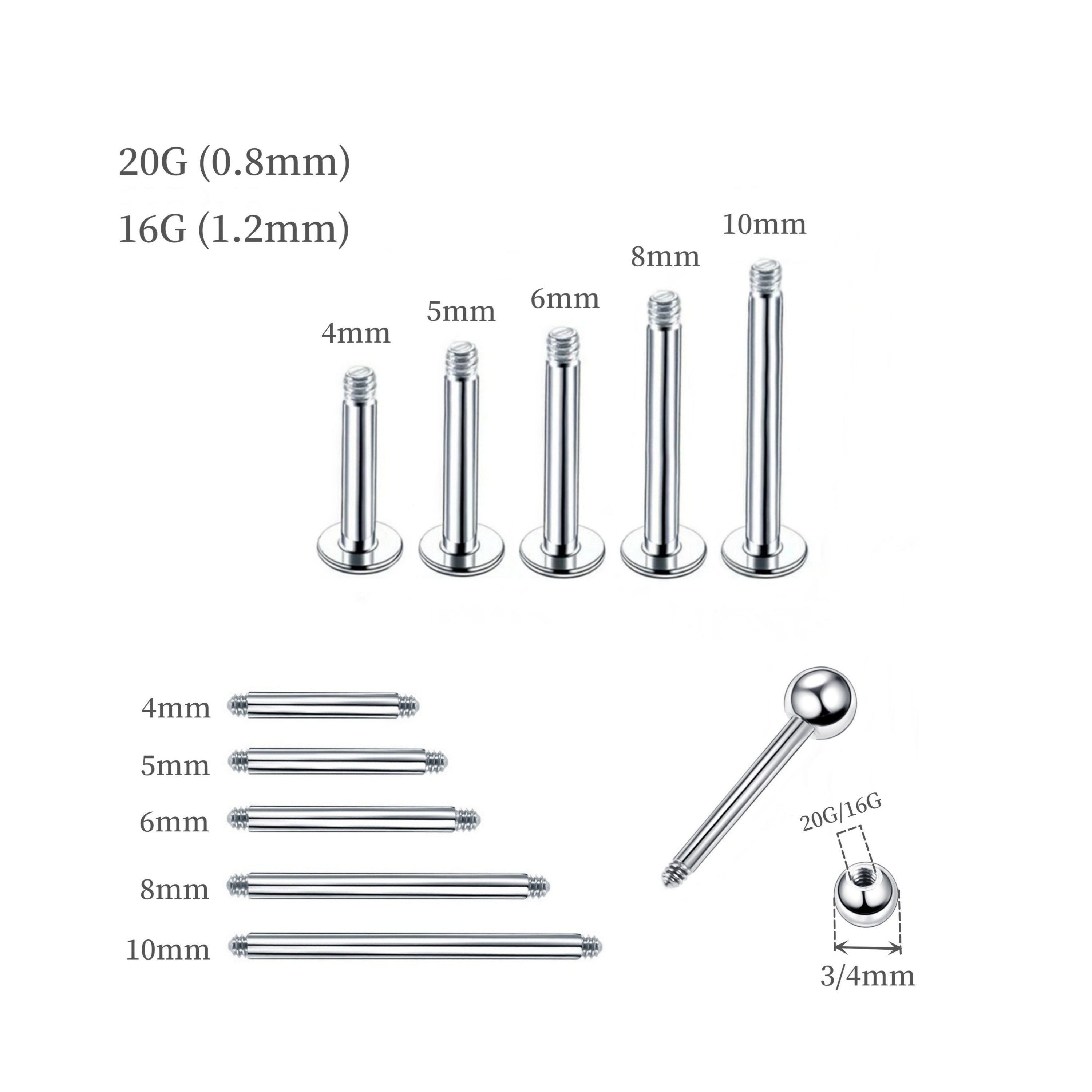 16G 20G Threaded Labret Pin ball Back Post 316L Stainless Steel