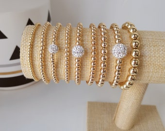 Ultra Sparkle Bracelet, Gold Bead Bracelet, Stackable Bracelet, Sparkling Disco Ball Stacking Bracelet Stretch Gold Bead Bracelet