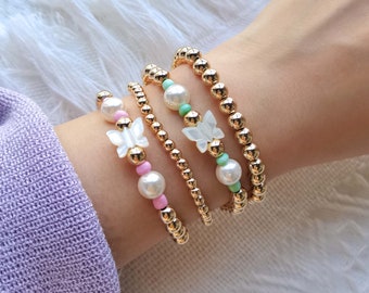 Mother of Pearl Bracelets,  Butterfly Stackable Bracelets Gold Beaded Bracelet Elastic Gold Ball Friendship Bracelet Summer Jewelry for Her