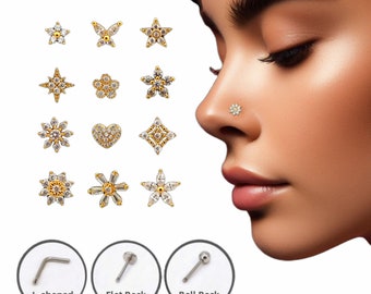 CZ Nose Studs, 20G Statement Nose Stud(Piercing Required)Big Nose Stud, L-Shaped Nose Studs, Custom Nose Piercing, Gold/Silver Nose Jewelry