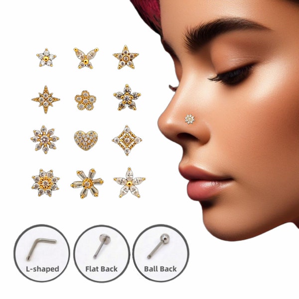 CZ Nose Studs, 20G Statement Nose Stud(Piercing Required)Big Nose Stud, L-Shaped Nose Studs, Custom Nose Piercing, Gold/Silver Nose Jewelry