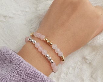 Bracelets en Quartz Rose, pierres précieuses en cristal naturel + Bracelets en perles de boule d'or, Bracelet extensible en perles de cristal de guérison pour filles
