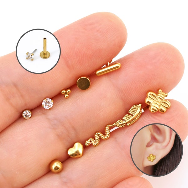 16G Labret Pin, Push Pin Labret Threadless Flat Back Earrings Dainty Helix Earrings Cartilage Studs Tragus Piercing Nose Stud Earrings