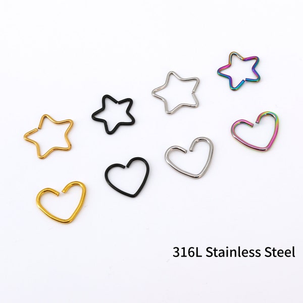 20G Heart/Star Shaped Seamless Rings Heart Daith Earring Tragus Helix Cartilage Piercing Hoop 10mm Star Daith Ring Nose Ring Body Jewelry