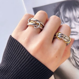 Multi Link Band Ring, Double/Triple Layers Strand Loop Ring, Dainty Stacking Rings, Triple Interlocked Connector Link Rings, Statement Ring