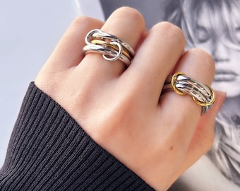 Multi Link Band Ring, Double/Triple Layers Strand Loop Ring, Dainty Stacking Rings, Triple Interlocked Connector Link Rings, Statement Ring