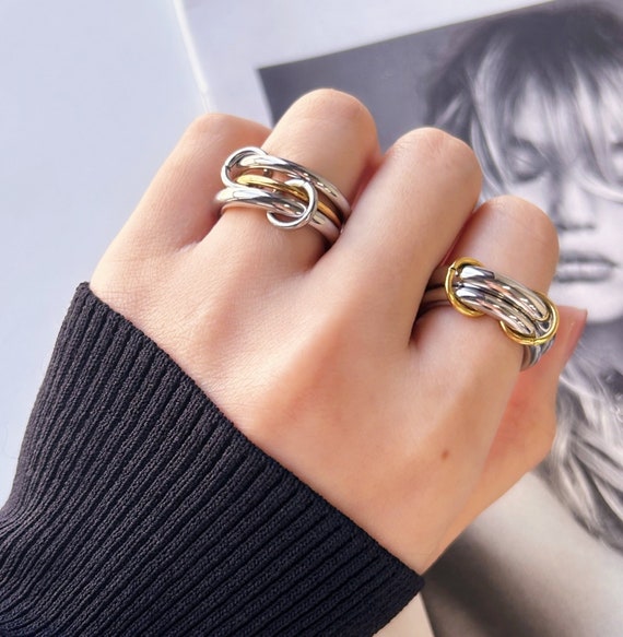 Multi Link Band Ring, Double/triple Layers Strand Loop Ring, Dainty  Stacking Rings, Triple Interlocked Connector Link Rings, Statement Ring 