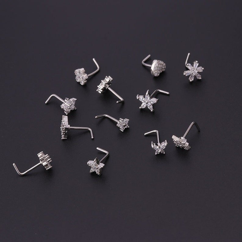 CZ Nose Studs, 20G Statement Nose StudPiercing RequiredBig Nose Stud, L-Shaped Nose Studs, Custom Nose Piercing, Gold/Silver Nose Jewelry 画像 8