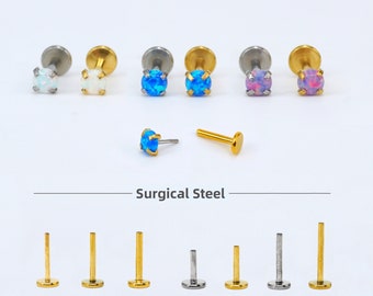 Tiny Opal Push Pin Labret, 3mm Tragus/Helix/Cartilage Piercing Studs, 20/18/16ga Surgical Steel Threadless Flat Back Earring Nose Studs