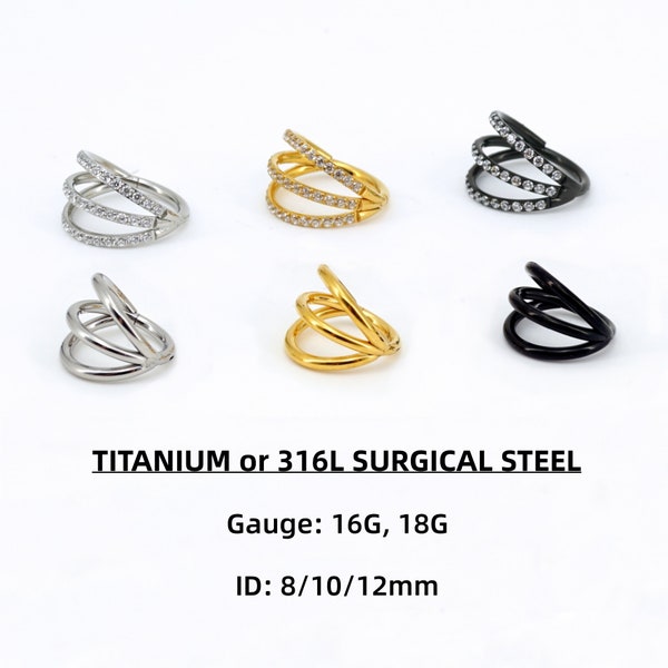 16G/18G Triple Hoop Earring, Cartilage/Helix/Conch/Septum Piercing Hoop Ear Piercing, 316L Surgical Steel Seamless Hinged Clicker