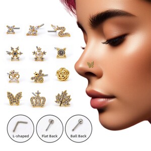 CZ Nose Studs, 20G Statement Nose Stud(Piercing Required) Big Nose Stud, L-Shaped Nose Studs, Custom Nose Piercing, Gold/Silver Nose Jewelry