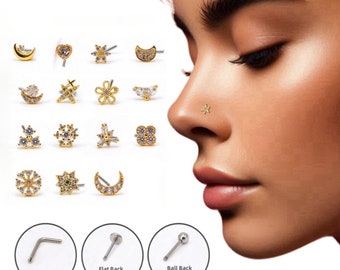 CZ Nose Studs, 20G Statement Nose Stud (Piercing Required) Big L-Shaped Nose Studs, Nose Piercing custom Jewelry Flat Back/Ball Back Earring