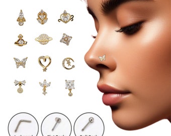 CZ Nose Studs, 20G Statement Nose Stud(Piercing Required) Big Nose Stud, L-Shaped Dangle Nose Studs, Nose Piercing, Gold/Silver Nose Jewelry