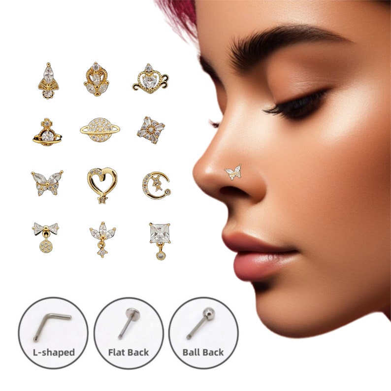 CZ Nose Studs, 20G Statement Nose StudPiercing Required Big Nose Stud, L-Shaped Dangle Nose Studs, Nose Piercing, Gold/Silver Nose Jewelry image 1