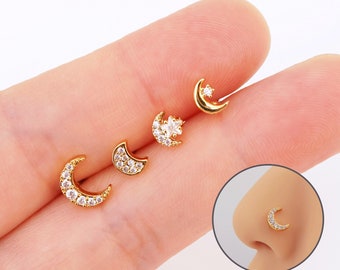 20G Moon Nose Studs, 316L Stainless Steel Nose Piercing, L-Shape Nose Studs, CZ Nose Pin Tiny Nose Ring, Gold/Silver Dainty Nose Jewelry
