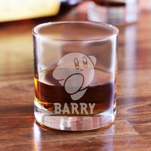 Kirby Glass - Personalized Kirby&#39;s Adventure Whiskey Glass - Etched Kirby&#39;s Dreamland Glass, Kirby Gift, Kirby Whiskey Glass