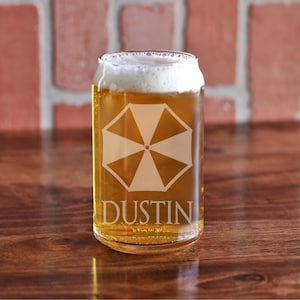 Umbrella Corp Beer Can Glass - Umbrella Corporation Beer Can Glass, Etched Umbrella Corp Can Glass - Resident Evil Umbrella Corp