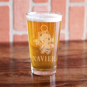 Moogle Pint Glass, Etched Mog Beer Glass, Final Fantasy Pint Glass, Mog the Moogle Glass