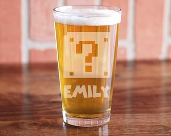 Coin Block Pint Glass - Nintendo Question Block Beer Glass - Etched Mario Bros Glass - Mario Cup